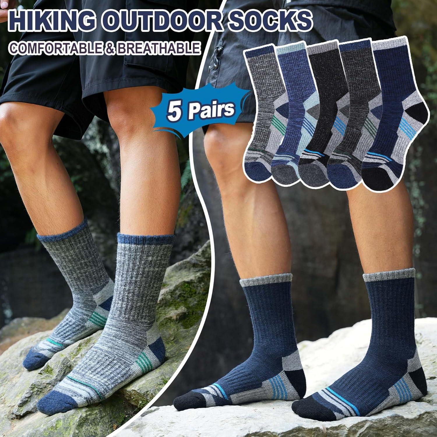 image5 Pairs Merino Wool Hiking Socks Thermal Warm Winter Cozy Moisture Wicking Cushioned Socks for MenGreyBlueDark BlueBlack