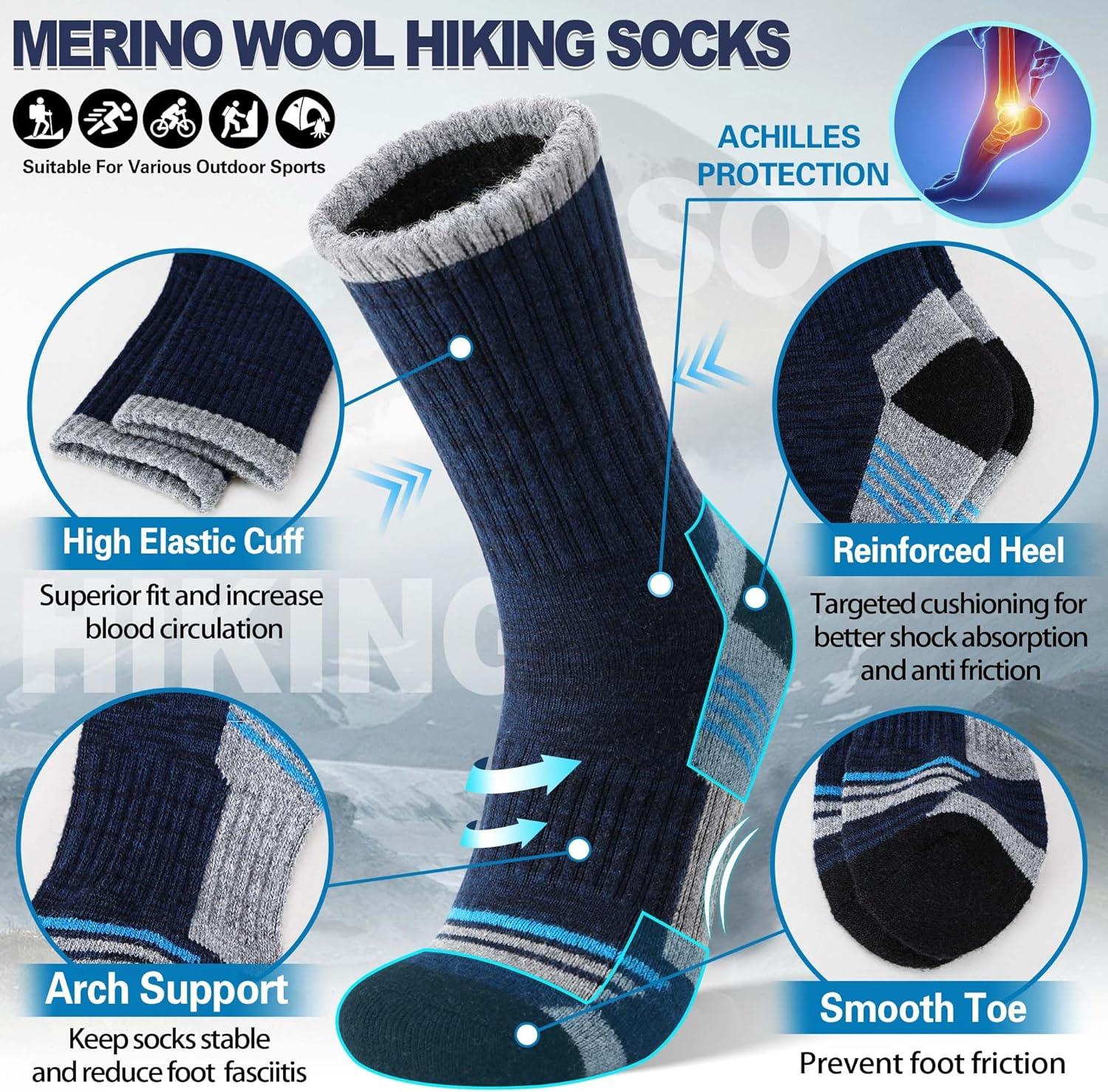 image5 Pairs Merino Wool Hiking Socks Thermal Warm Winter Cozy Moisture Wicking Cushioned Socks for MenGreyBlueDark BlueBlack