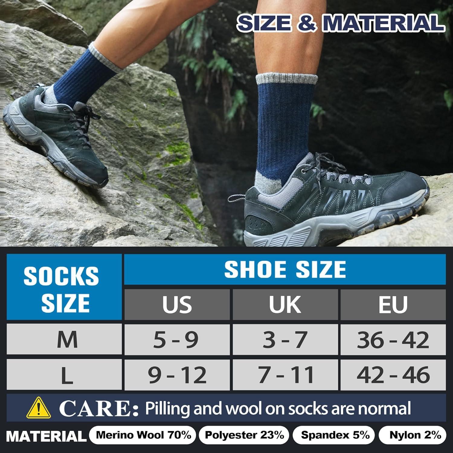 image5 Pairs Merino Wool Hiking Socks Thermal Warm Winter Cozy Moisture Wicking Cushioned Socks for MenGreyBlueDark BlueBlack