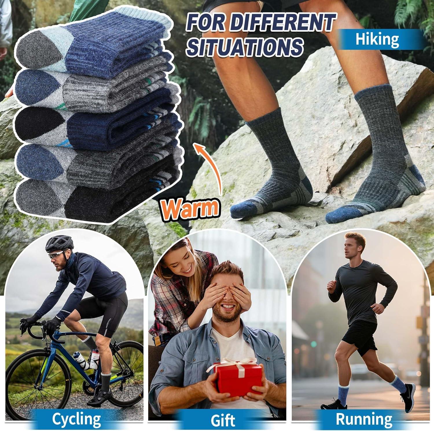 image5 Pairs Merino Wool Hiking Socks Thermal Warm Winter Cozy Moisture Wicking Cushioned Socks for MenGreyBlueDark BlueBlack