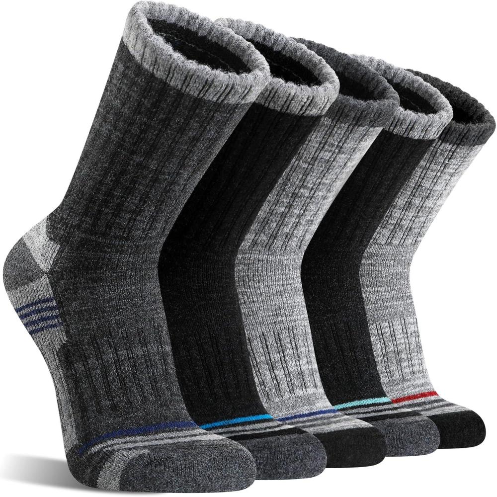 image5 Pairs Merino Wool Hiking Socks Thermal Warm Winter Cozy Moisture Wicking Cushioned Socks for MenGreyBlack