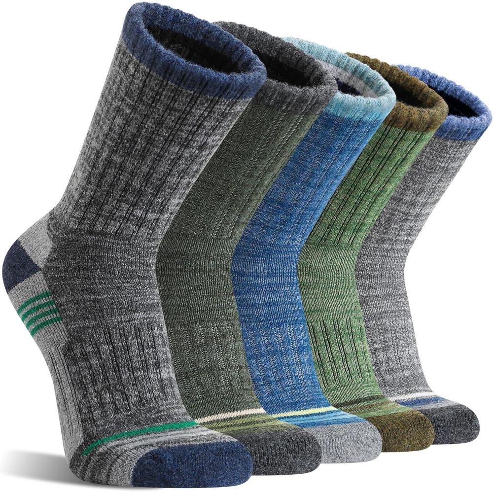 image5 Pairs Merino Wool Hiking Socks Thermal Warm Winter Cozy Moisture Wicking Cushioned Socks for MenGreyDark Green Light GreenBlue