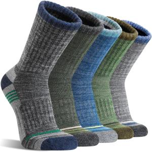 5 Pairs Merino Wool Hiking Socks Thermal Warm Winter Cozy Moisture Wicking Cushioned Socks for Men(Grey/Dark Green/ Light Green/Blue)
